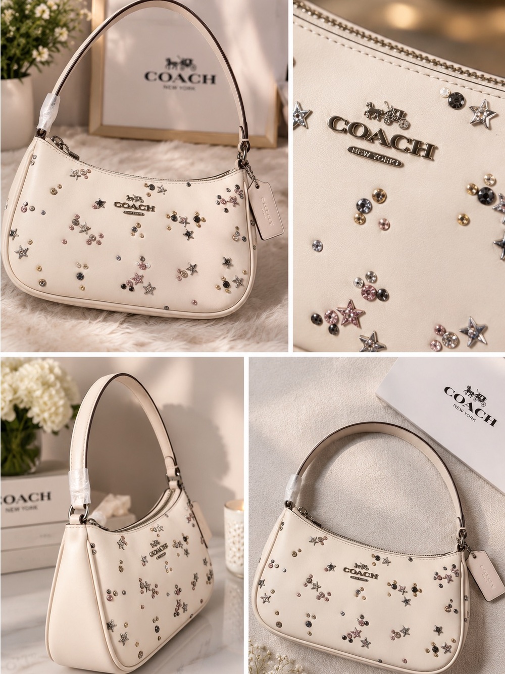 Coach Ivory Leather Star & Crystal Embellished Shoulder Bag